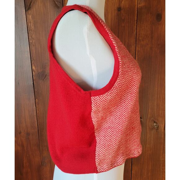 Vintage Talbots Women L Merino Wool Vest Red Cream Chevron 90s Button Front - Picture 5 of 9